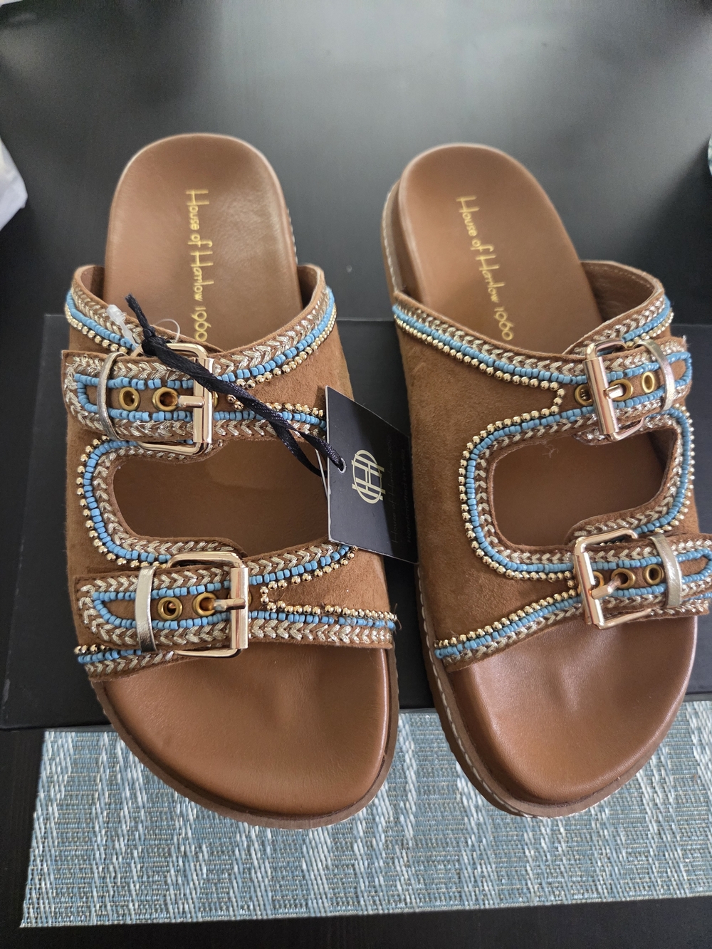 New House of Harlow 1960 Brown Suede Dual Buckle Sandals with Blue Trim